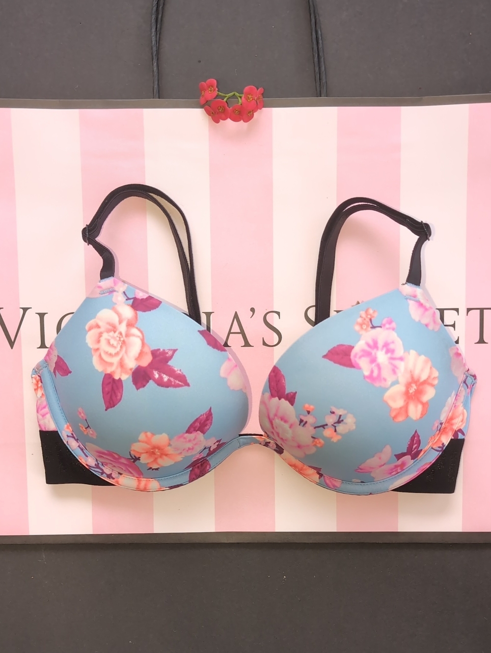 Blue Floral Push-Up Bra with Black Straps Size 32C